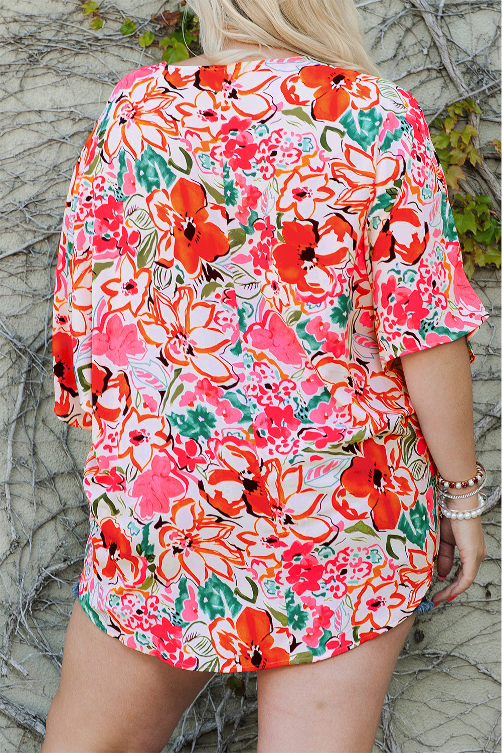 Plus Size Floral Print Kimono Sleeve Shirt | Rose