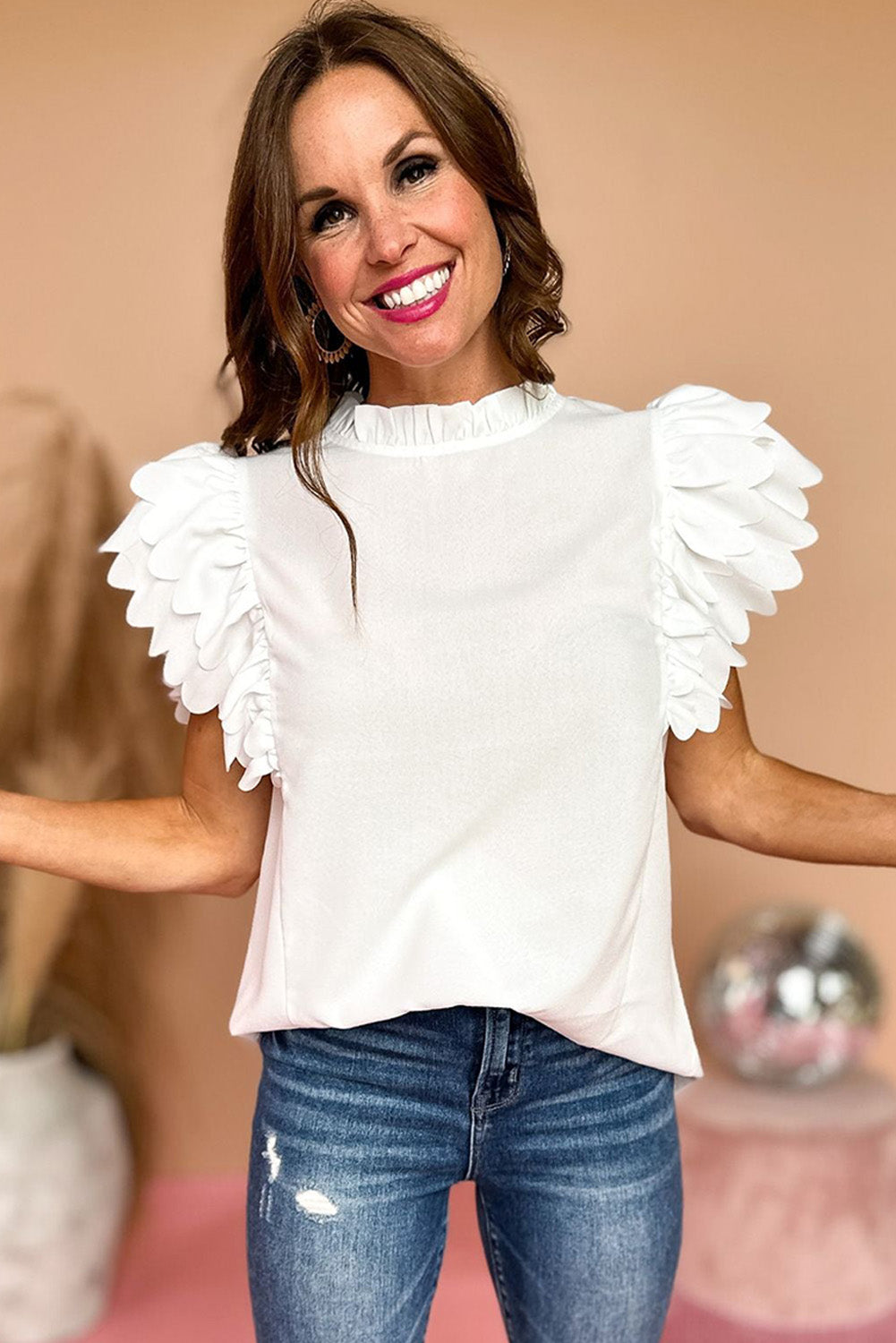 Solid Colour Scalloped Ruffle Sleeve Top | White