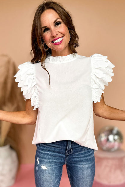 Solid Colour Scalloped Ruffle Sleeve Top | White