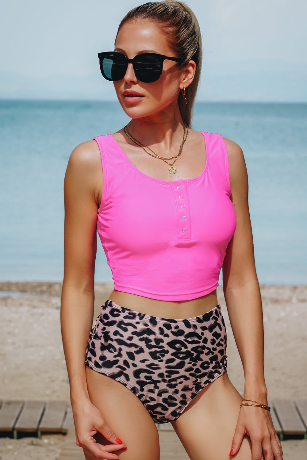 Square Neck Sleeveless Fashion Print Tankini Set | Leopard