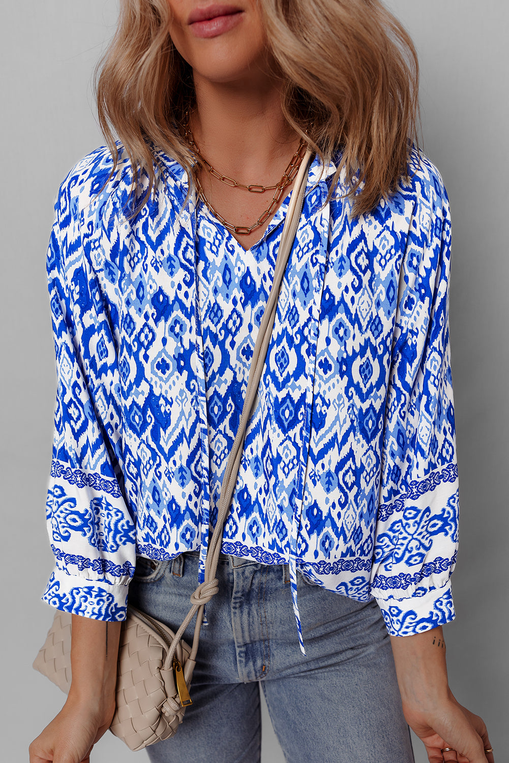 Boho Printed 3/4 Sleeve Tied Neck Blouse | Blue