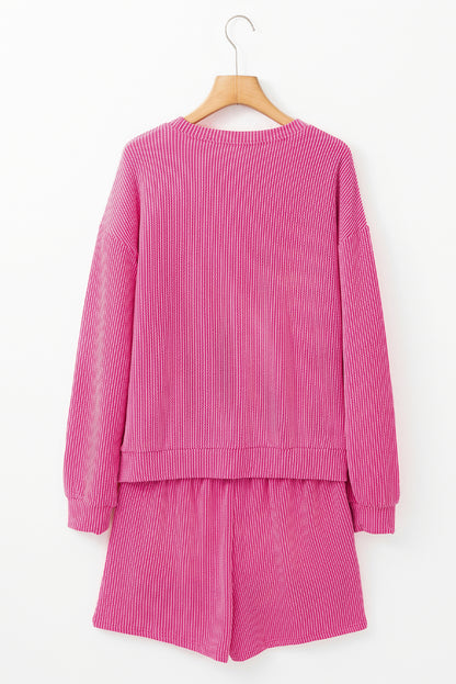 Corded Textured Long Sleeve Top And Shorts Set | Strawberry Pink