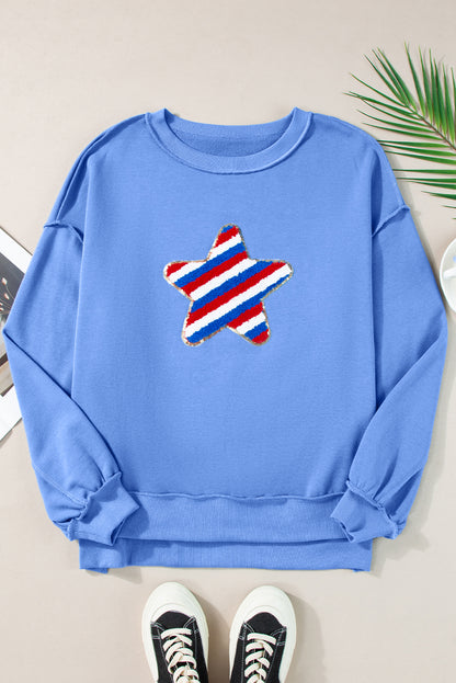 Sequin Trim Embroidered Star Usa Pattern Sweatshirt | Sky Blue