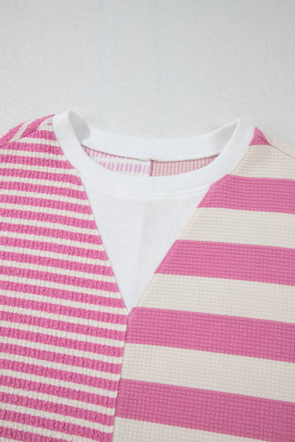 Patchwork Textured Short Sleeve High Low Loose Top | Pink Stripe