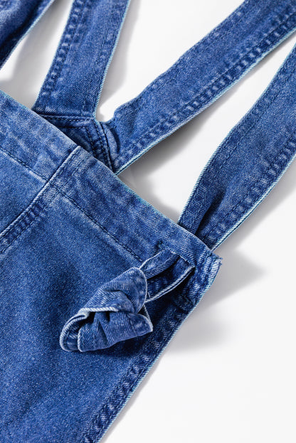 Mineral Wash Knotted Strap Patched Pocket Wide Leg Denim Overalls | Prussian Blue