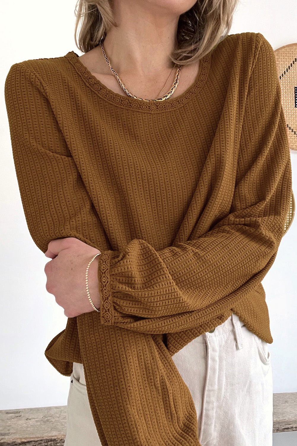 Textured Round Neck Puff Sleeve Top | Brown