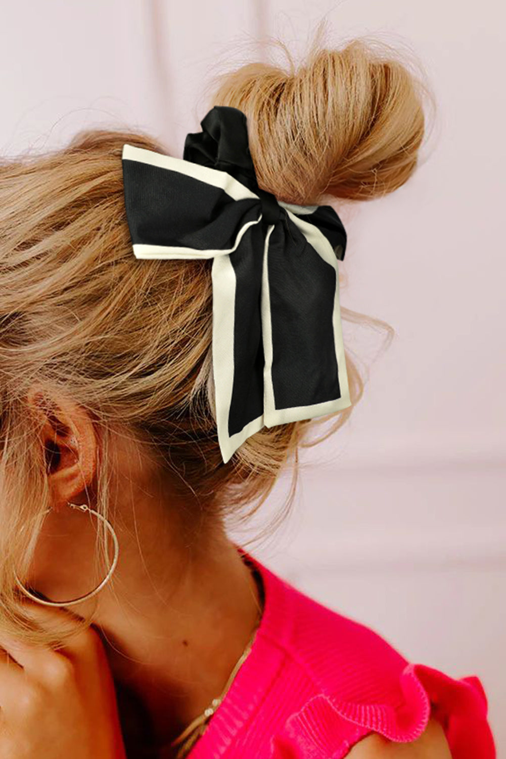 Colour Black Contrast Trim Satin Bow Knot Hair Scrunchie | Colour black