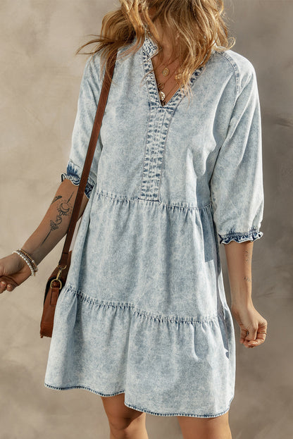 Acid Wash Retro Half Sleeve Flared Denim Dress | Dusk Blue