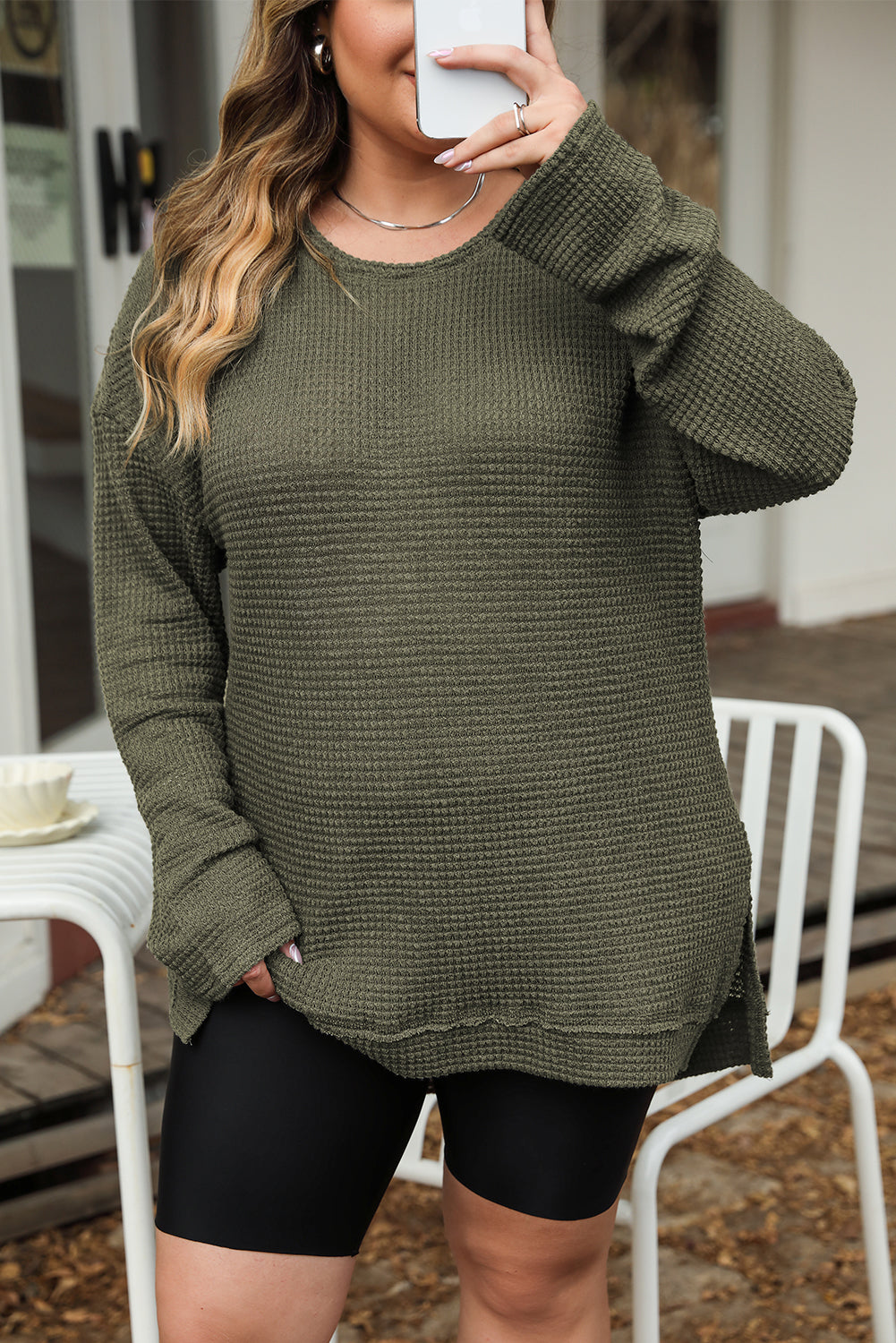 Plus Size Textured Knit Long Sleeve Top | Moss Green