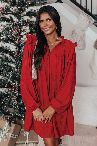 Textured Ruffled Trim V Neck Loose Fit Mini Dress | Fiery Red