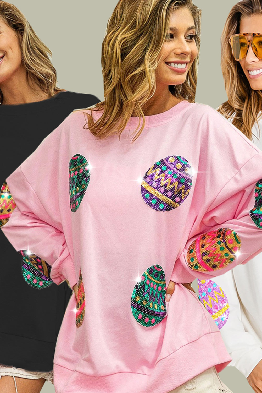 Sequined Easter Egg Drop Shoulder Oversized Sweatshirt | Pink