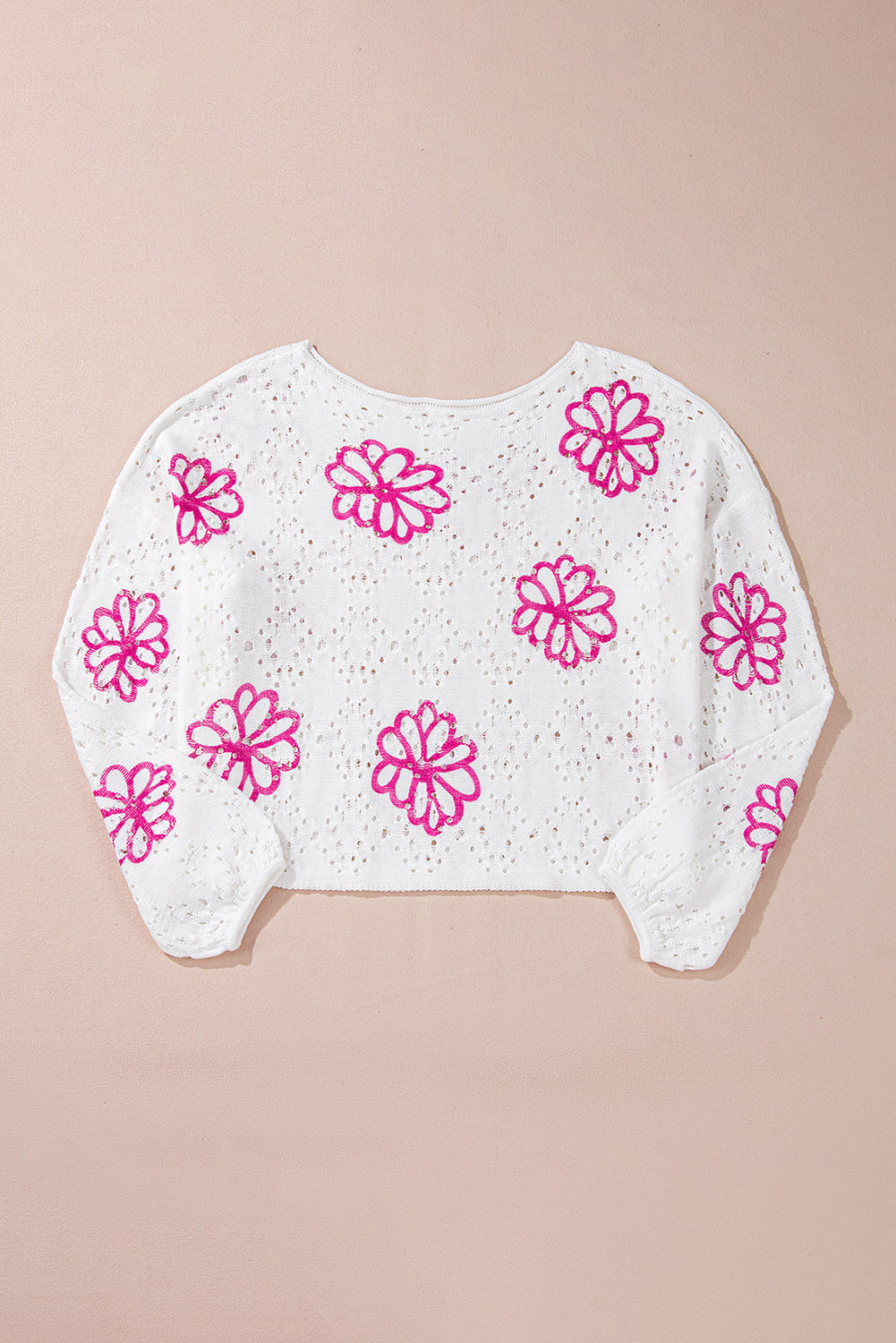 Contrast Flower Print Eyelet Drop Shoulder Sweater | White