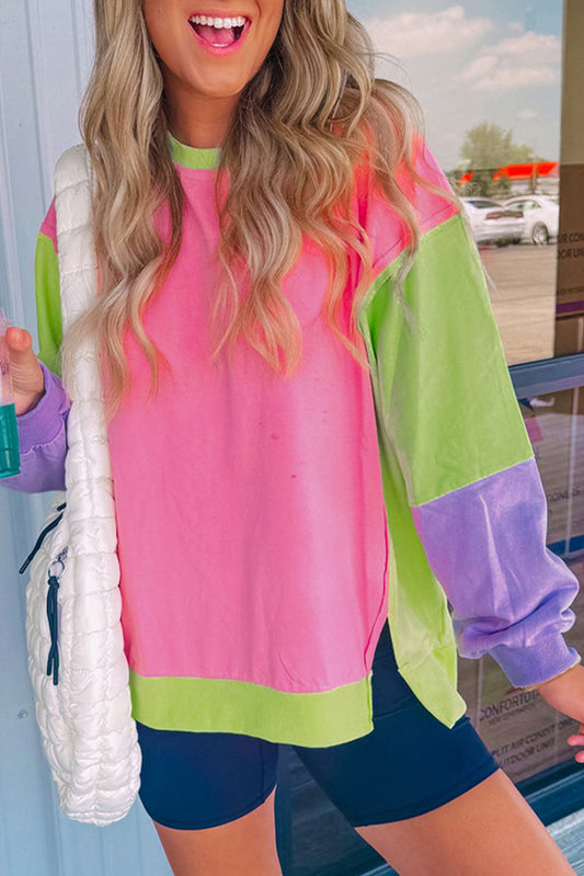 Pink Colorblock Exposed Seam Crewneck Casual Sweatshirt