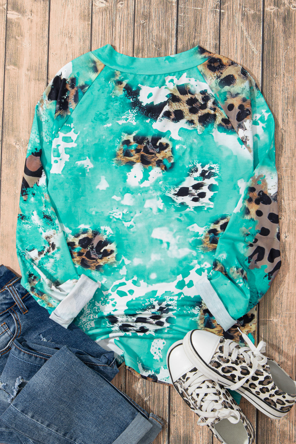 Leopard Tie Dye Western Long Sleeve Top | Light Blue