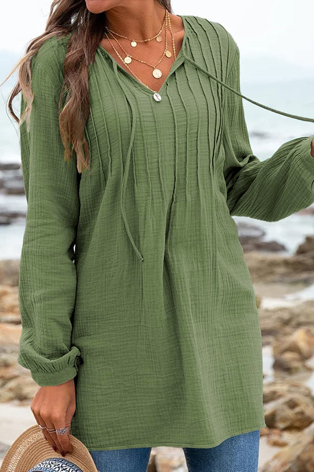 Casual Pleated V Neck Textured Loose Top | Green