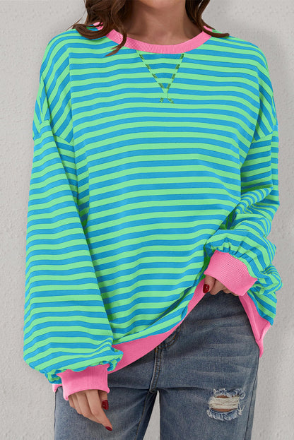 Oversized Contrast Trim Pullover Sweatshirt | Sky Blue Stripe