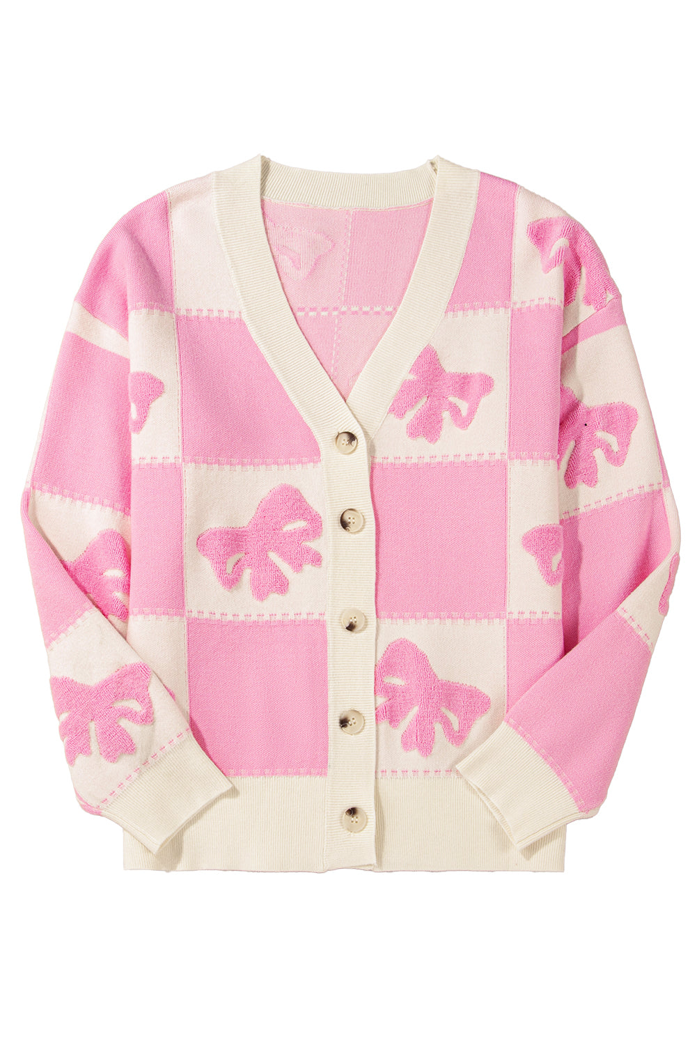 Bowknot Checkered Pattern V Neck Drop Shoulder Button Up Cardigan | Pink