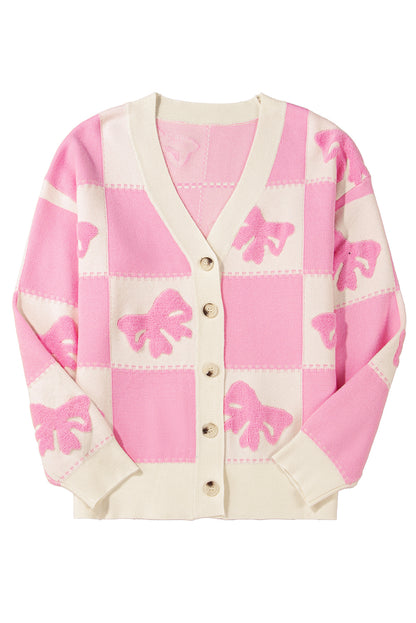 Bowknot Checkered Pattern V Neck Drop Shoulder Button Up Cardigan | Pink