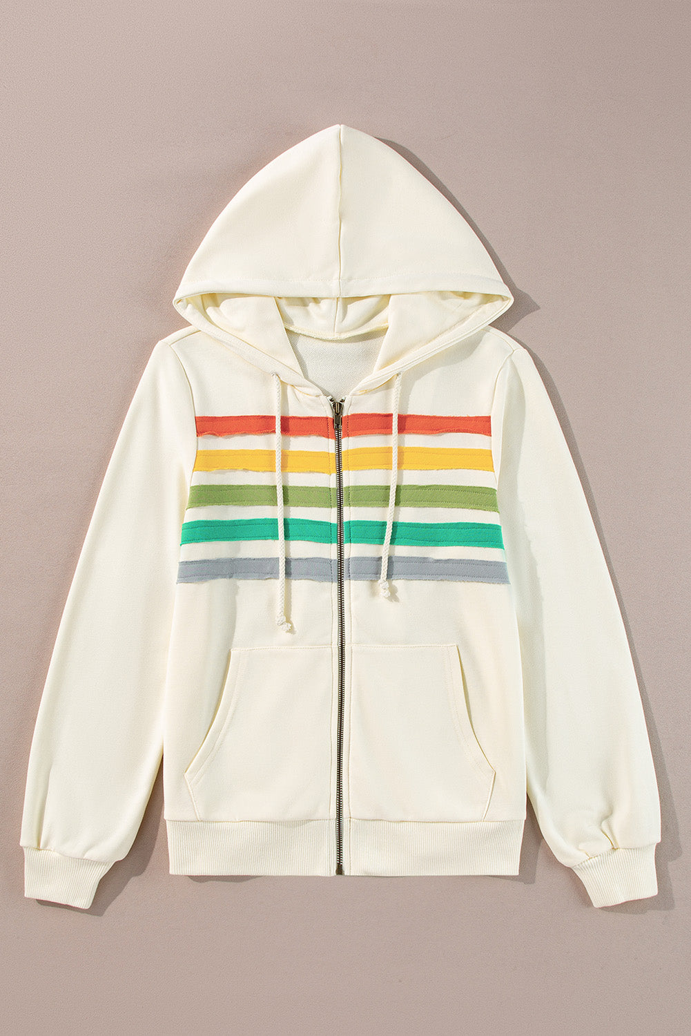 Colourblock Striped Patchwork Side Pockets Zipper Hoodie | Apricot