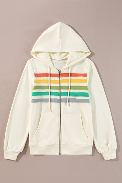 Colourblock Striped Patchwork Side Pockets Zipper Hoodie | Apricot