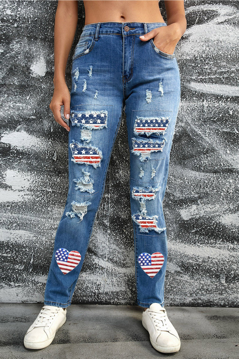 Heart-Shape American Flag Patch Frayed Jeans | Sky Blue