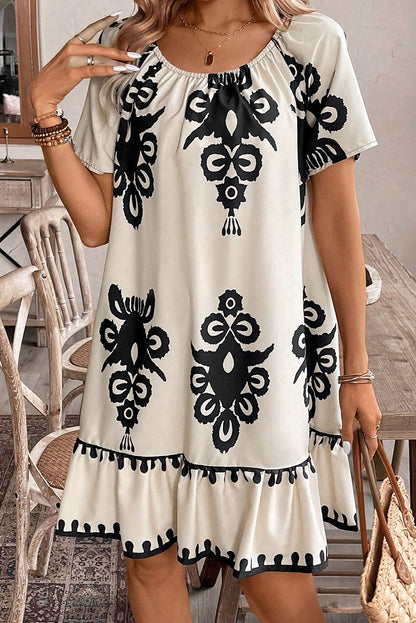 Western Print Ruffled Short Sleeve Loose Dress | Apricot