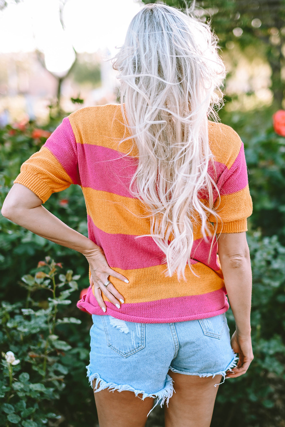 Colour Block Knitted T-Shirt Sweater | Orange Stripe