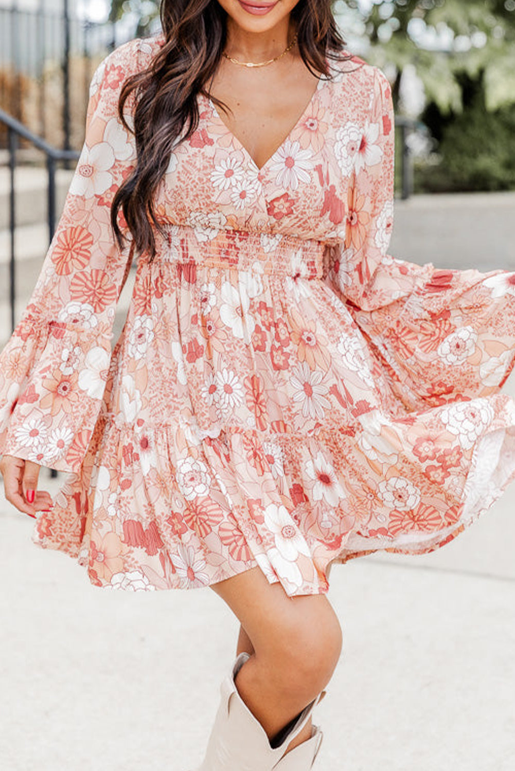 Floral Smocked High Waist Bell Sleeve Mini Dress | Apricot Powder