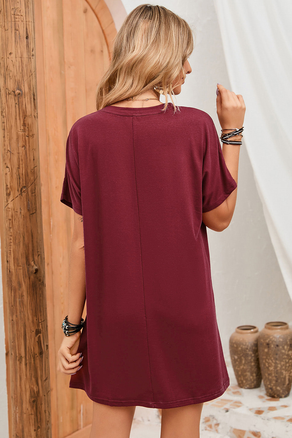 Side Pockets Short Sleeve Tunic Top | Red