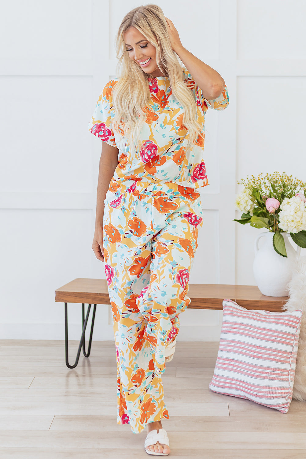 Vibrant Floral Printed Short Sleeve Top 2 Piece Pants Set | Orange