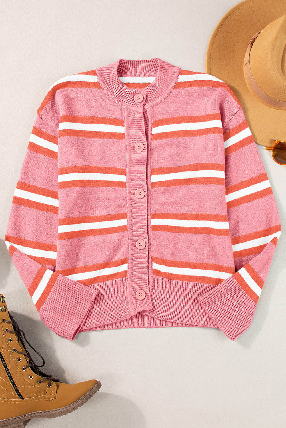 Drop Shoulder Buttons Cardigan Sweater | Pink Stripe