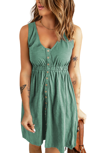 Buttons Sleeveless High Waist Mini Dress | Green