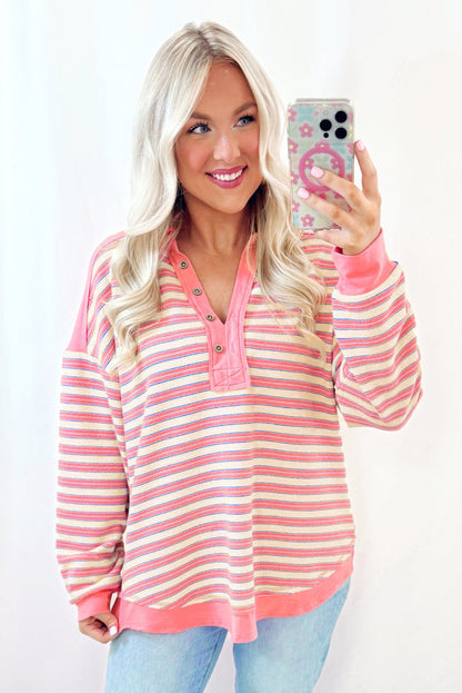 Buttoned V Neck Collared Drop Shoulder Top | Pink Stripe