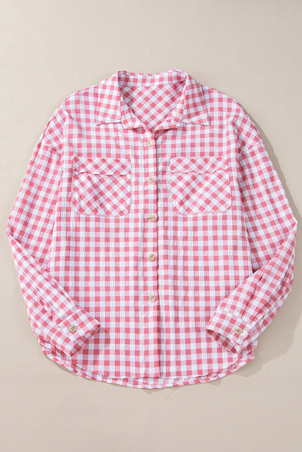 Gingham Print Chest Pockets Buttoned Collared Shirt | Pink