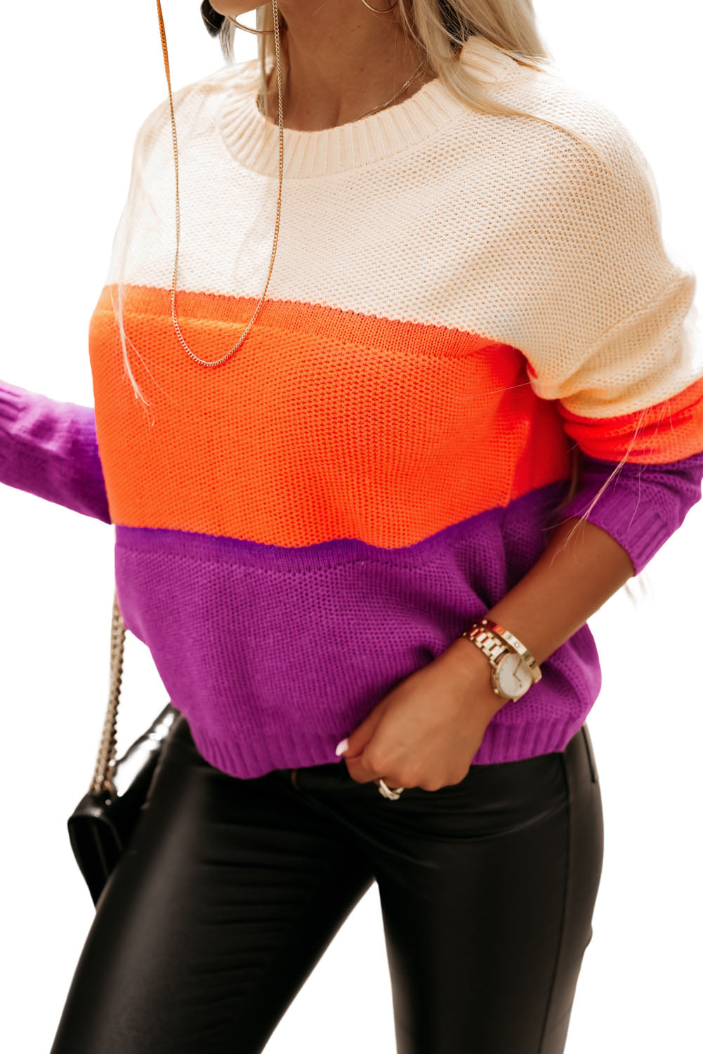 Colour Block Drop Shoulder Round Neck Knit Sweater | Multicolour