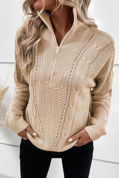 Zipped Stand Collar Cable Knit Sweater | Apricot