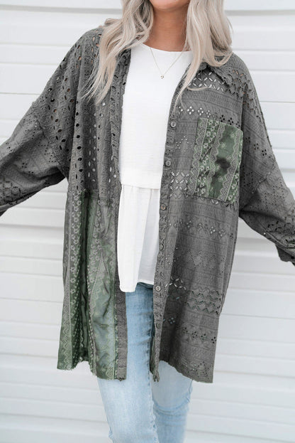 Eyelet Pattern Patchwork Oversized Button Up Shacket | Duffel Green