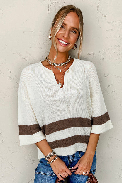 d Accent Notched V Neck Cropped Sweater T Shirt | Brown Stripe