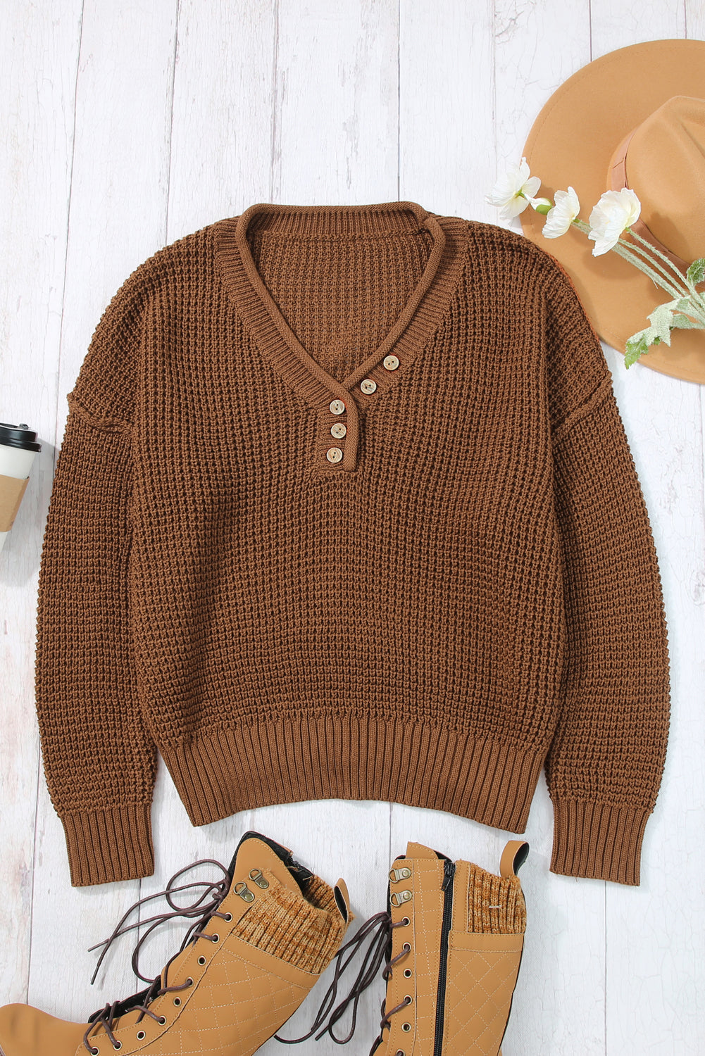 Pointelle Knit Button V Neck Drop Shoulder Sweater | Coffee