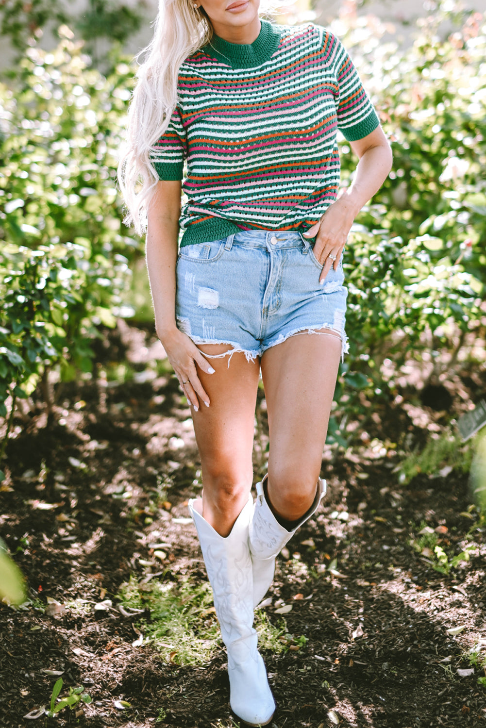 Striped Pattern Contrast Trim Pointelle Knit T Shirt | Dark Green