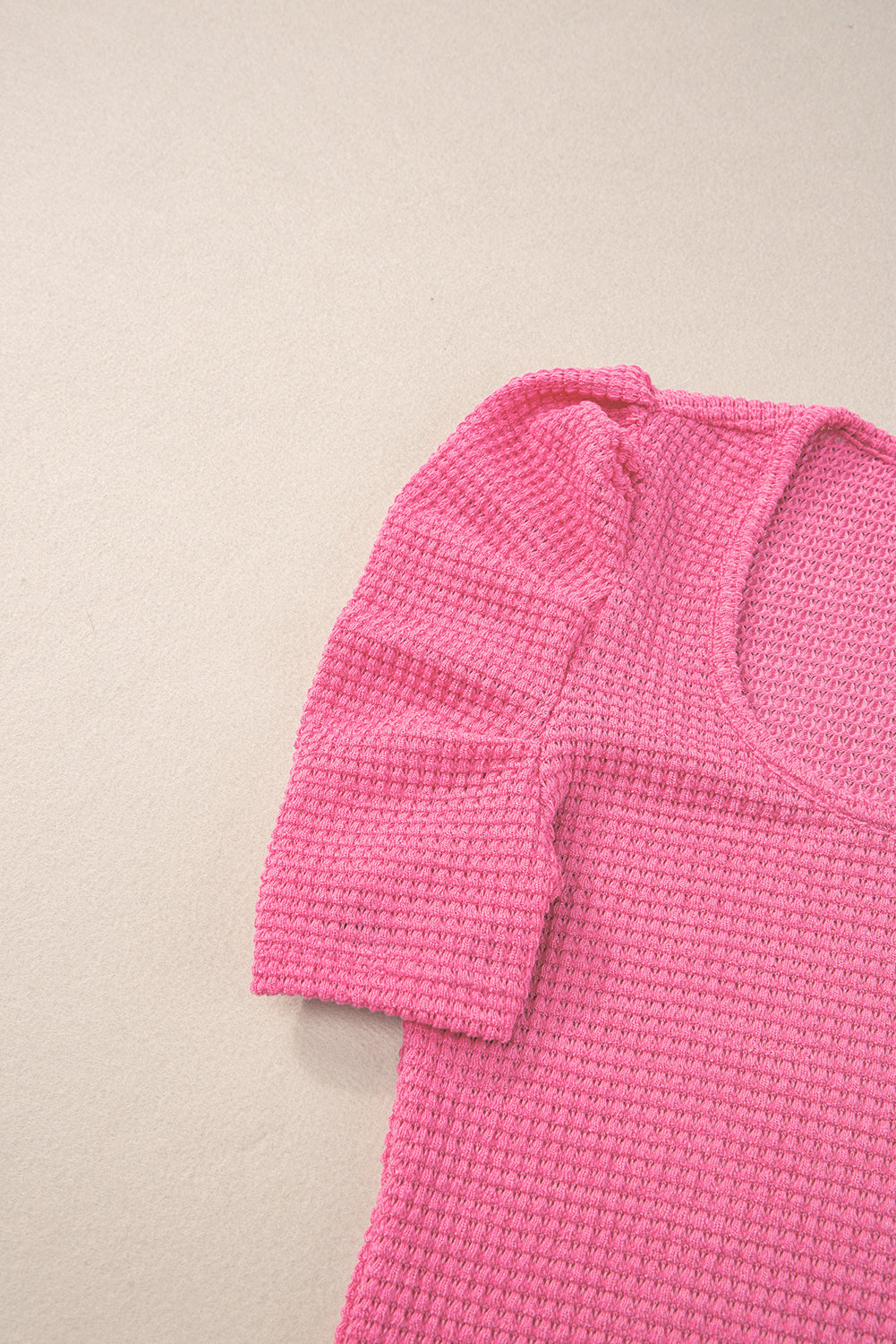 Waffle Knit Ruched Puff Sleeve Top | Bright Pink