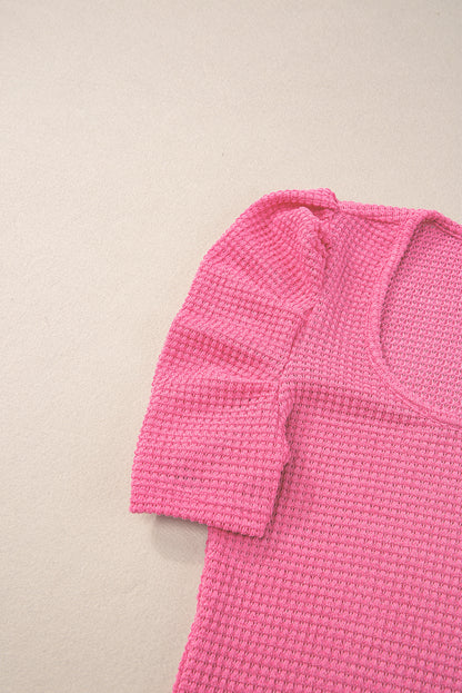 Waffle Knit Ruched Puff Sleeve Top | Bright Pink