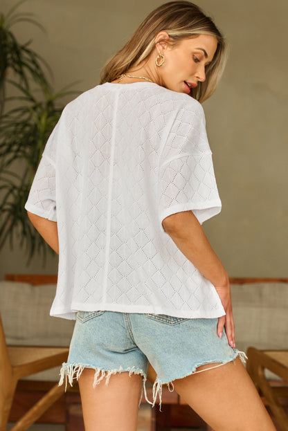 V Neck Knitted Flowy Blouse | White