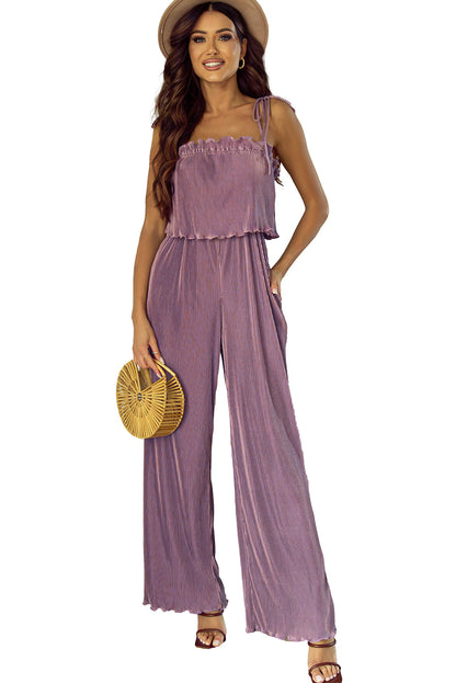 Solid Self Tied Straps Pleated Wide Leg Jumpsuit | Rose Tan