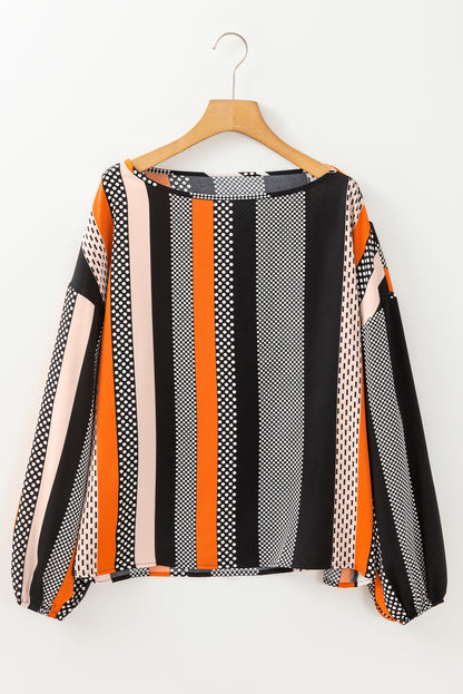 Polka Dot Vertical Striped Printed Puff Sleeve Blouse | Orange