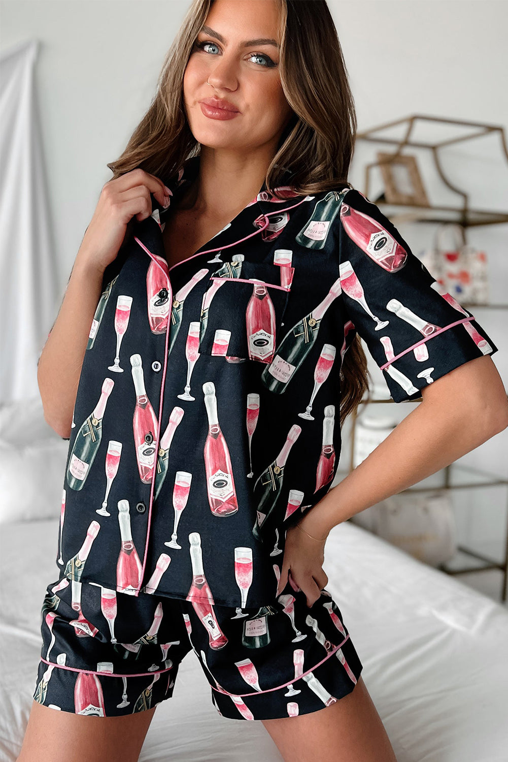 Champagne Print Silky Short Sleeve Pajamas Set | Black