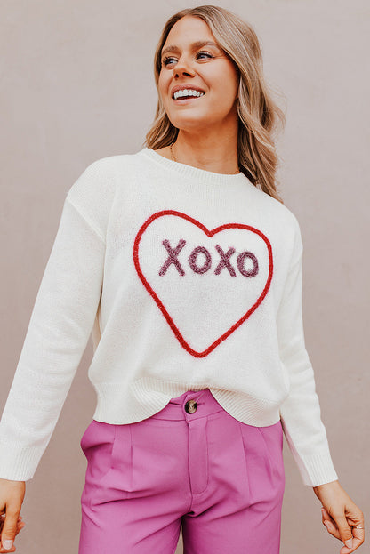 Heart Xoxo Pattern Drop Shoulder Rib Knit Sweater | White