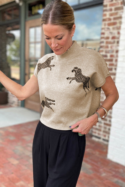 Lively Cheetah Pattern High Neck Short Sleeve Sweater | Apricot