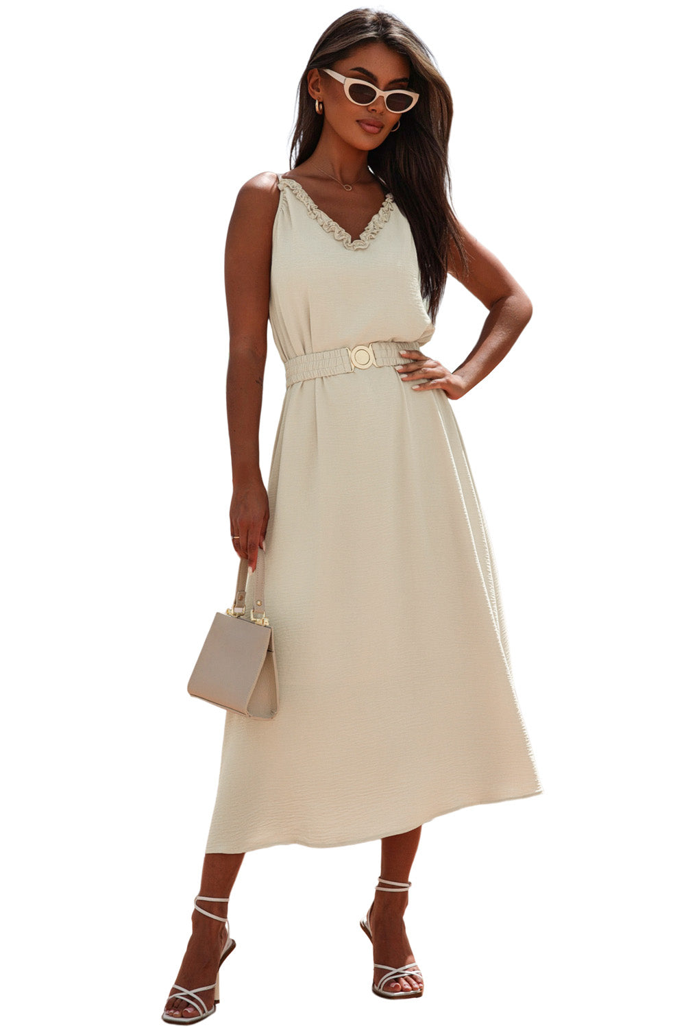 V Neck Sleeveless Maxi Dress With Elastic Belt | Apricot