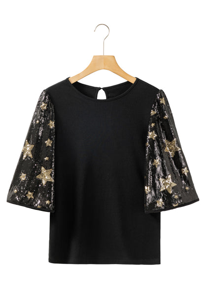 Star Sequin Splicing Half Sleeve Top | Black